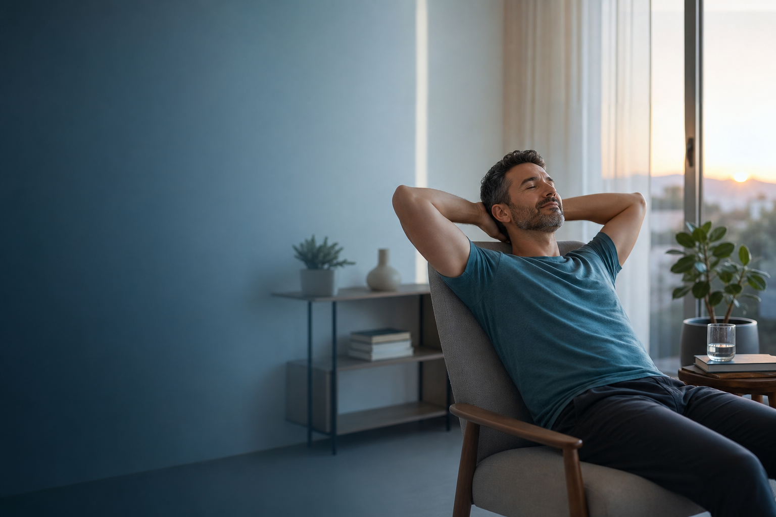 Ambiente de descanso sereno no fim do dia com postura confortável